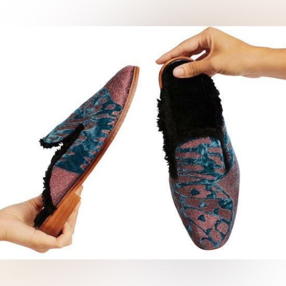 Free People Butterfly Effect Slip On Mules Red Blue Metallic Fur Lined